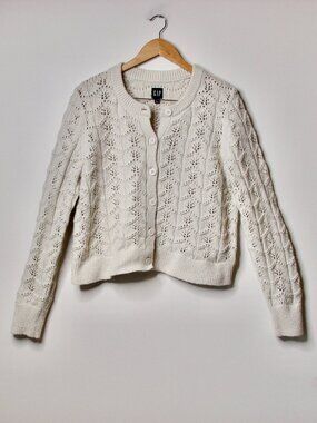 GAP Cream Sweater Cardigan Wool Alpaca Blend Open Knit Cottagecore Size Large